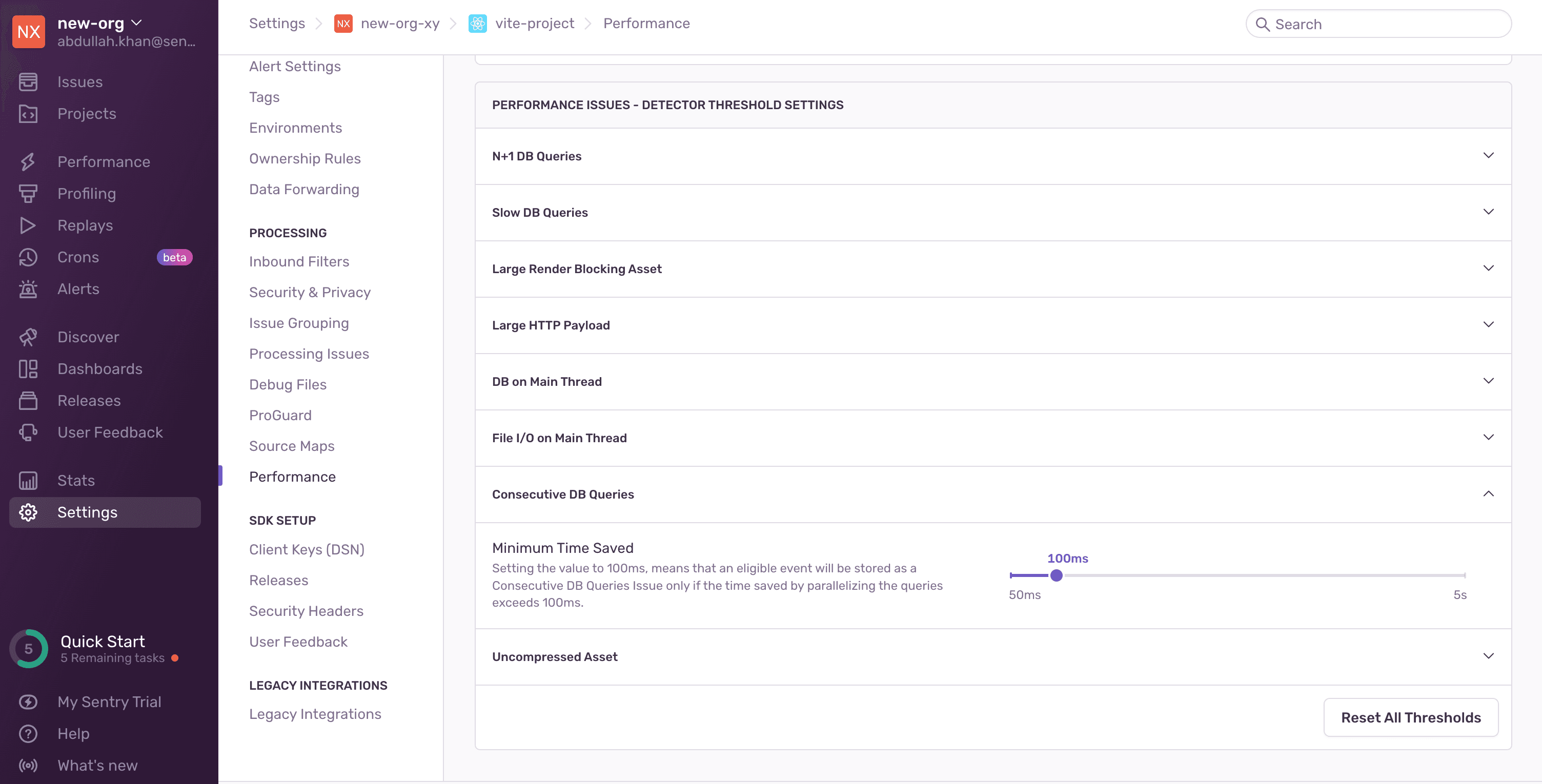 Consecutive DB Queries detector threshold settings